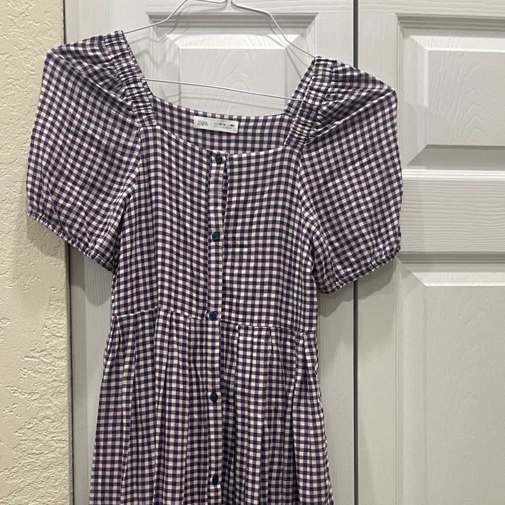 Zara Purple and White Gingham Button Dress